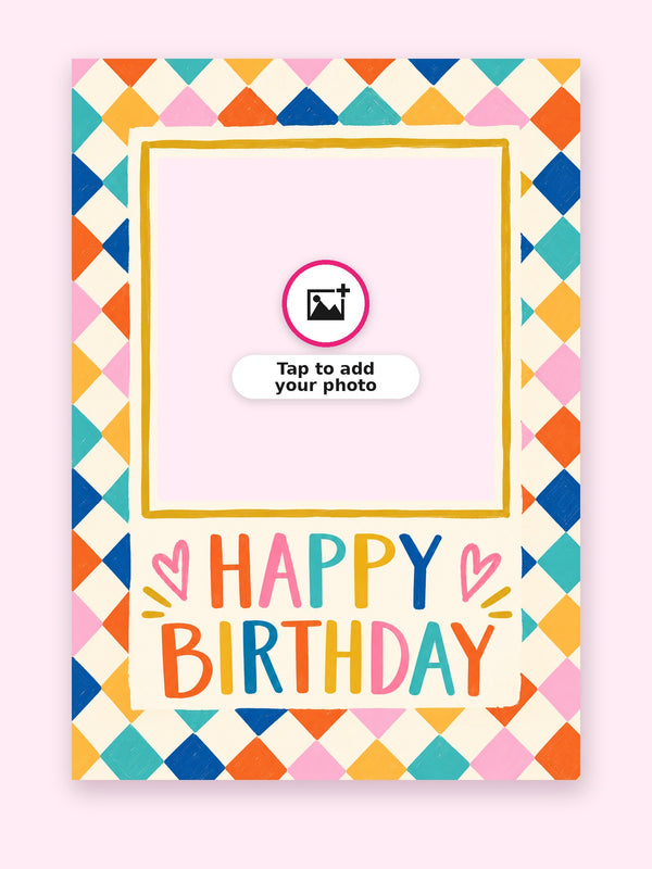 Harlequin Birthday Cake Card with a space for your own photo