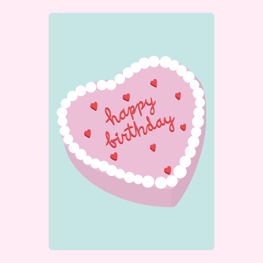 Heart-shaped happy birthday cake illustration with pink frosting and heart-shaped sprinkles