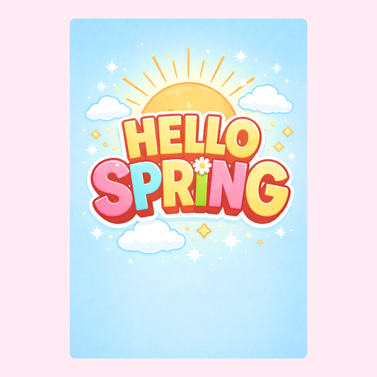 Colorful Hello Spring greeting card with playful typography, sunshine, clouds and pastel blue background