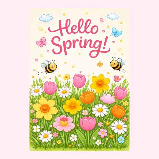 Cute Hello Spring greeting card with bright flowers, bees, butterflies and cheerful spring garden illustration