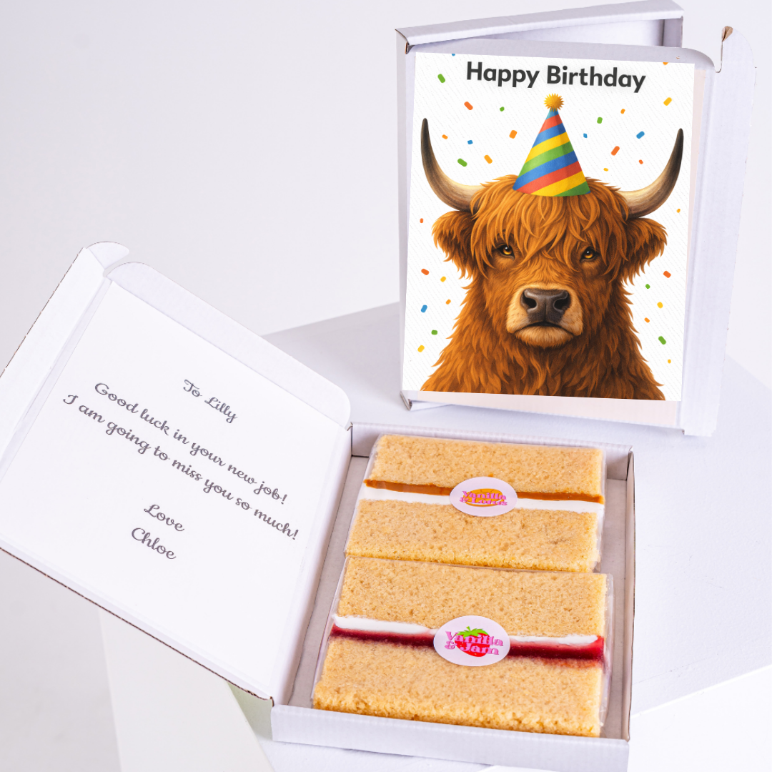 birthday cake card in gift box with highland cow wearing party hat design