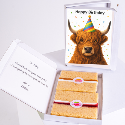 birthday cake card in gift box with highland cow wearing party hat design
