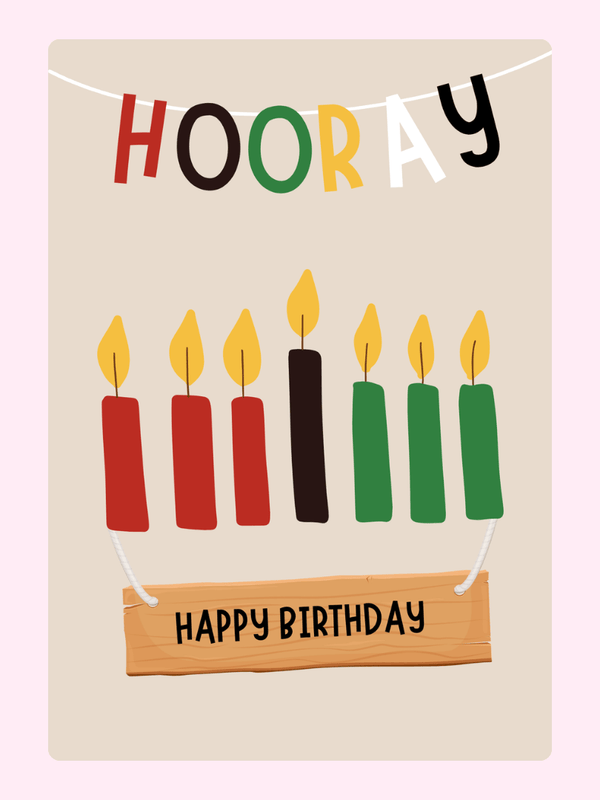 Hooray birthday cake card with colorful candles and happy birthday message