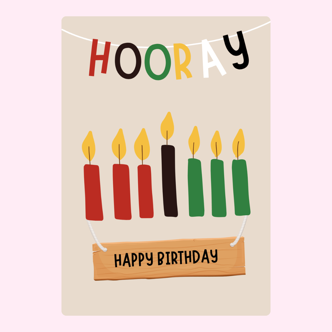 Hooray birthday cake card with colorful candles and happy birthday message