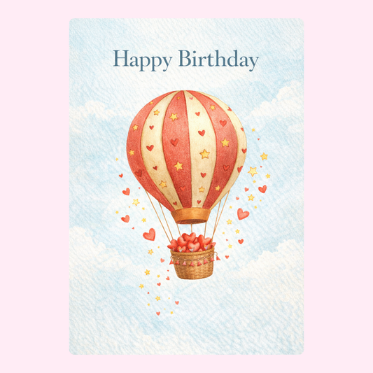 Happy birthday card with hot air balloon and hearts