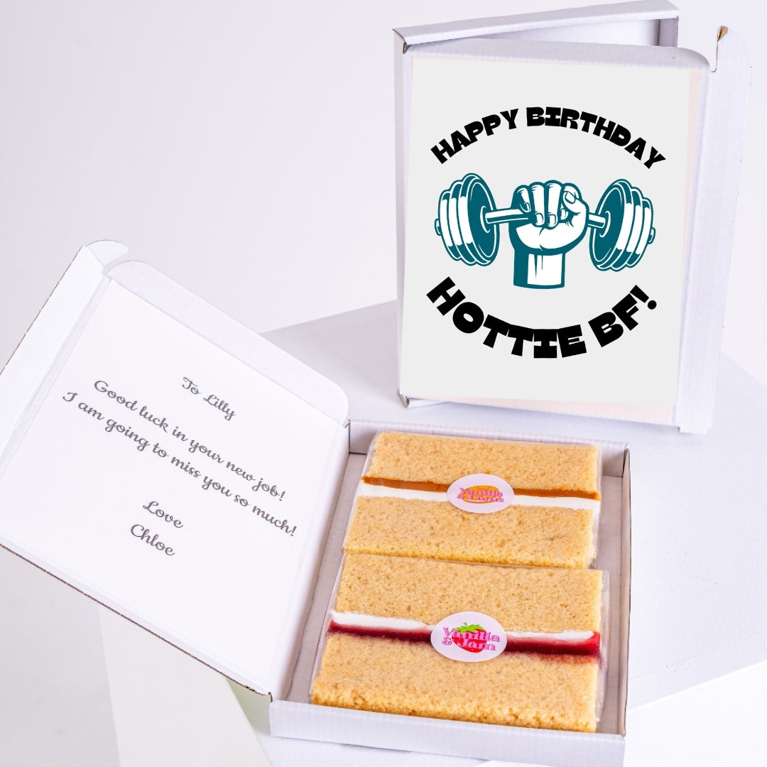 Funny birthday cake gift box for hottie boyfriend with dumbbell illustration