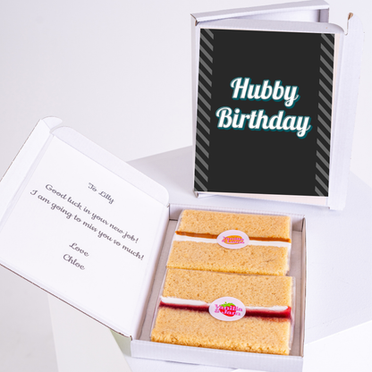 Birthday cake gift box for hubby with stylish black greeting card design