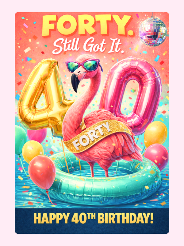 humorous 40th birthday card with flamingo wearing sunglasses and number 40 balloons