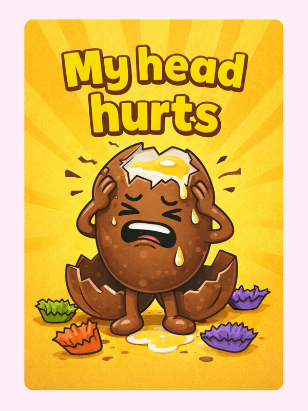 Humorous Easter cake card with cracked egg character and funny quote