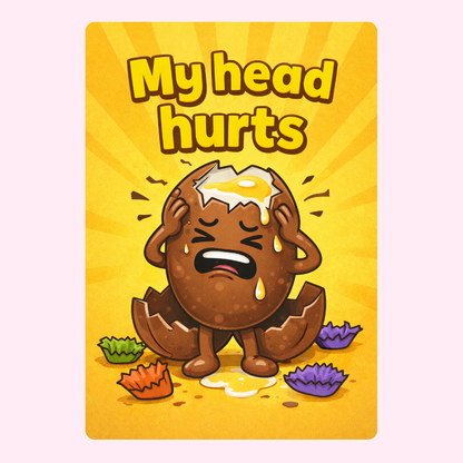 Humorous Easter cake card with cracked egg character and funny quote