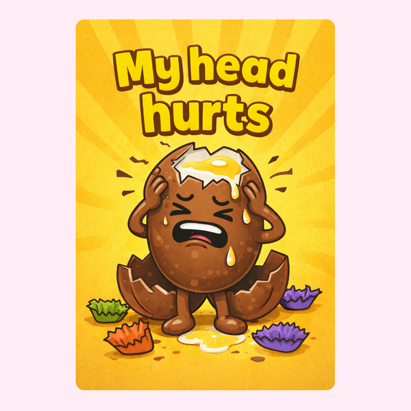 Humorous Easter cake card with cracked egg character and funny quote
