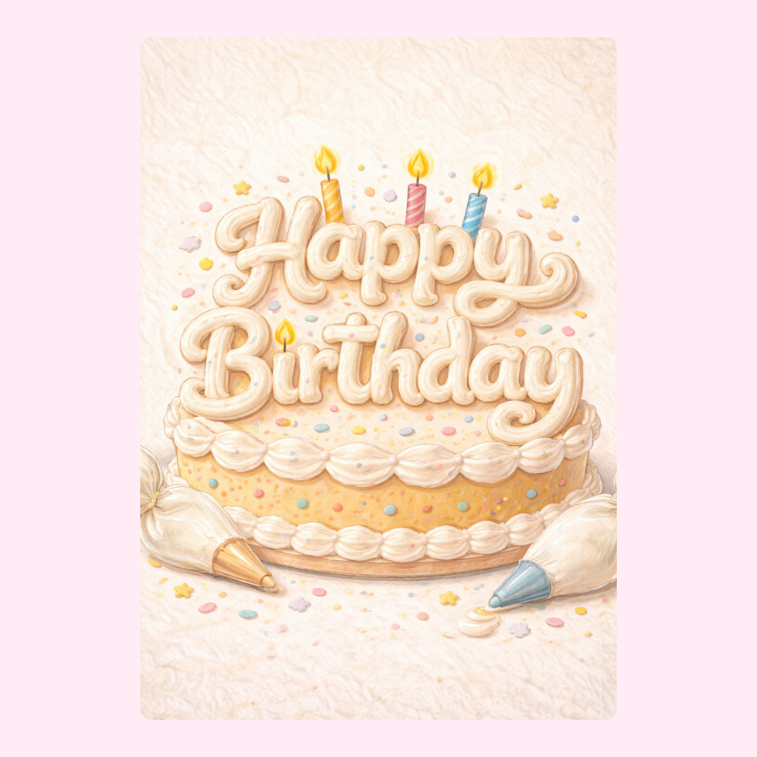 Happy birthday card with iced cake and candles