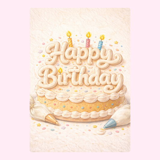Happy birthday card with iced cake and candles