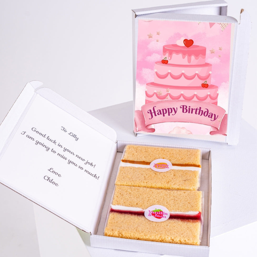 pink birthday cake card with layered cake design in gift box