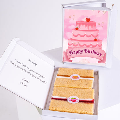 pink birthday cake card with layered cake design in gift box