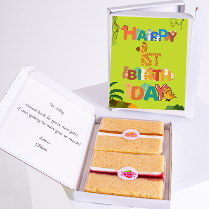 Personalised 1st birthday cake letterbox gift with jungle animal card