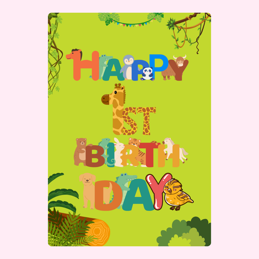 Jungle animal 1st birthday card with colorful happy birthday text