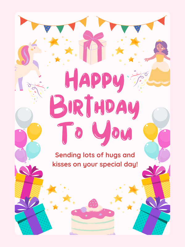Colourful kids birthday card with unicorn princess balloons gifts