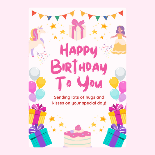 Colourful kids birthday card with unicorn princess balloons gifts