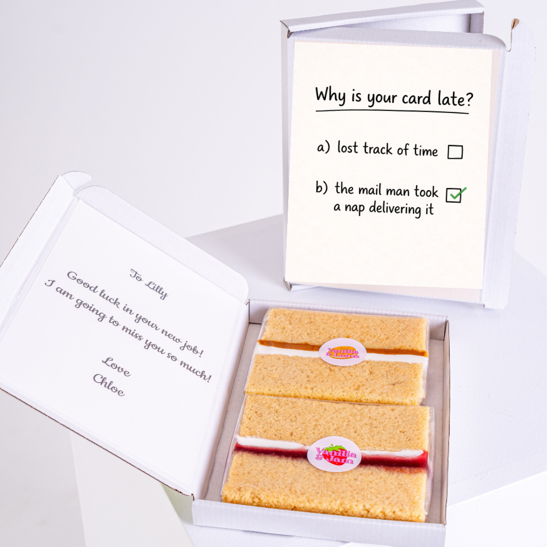 A funny late birthday card with a checklist: "Why is your card late?" with the answer "the mail man took a nap delivering it" along with a personalized message and cake slices inside a gift box.