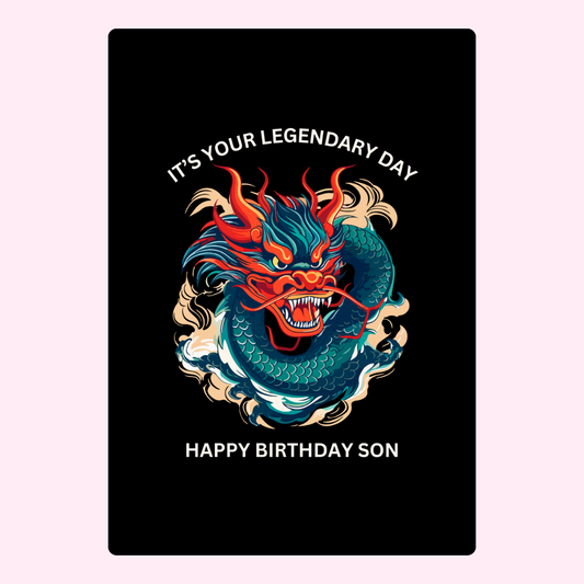 dragon illustration happy birthday son card with bold black background