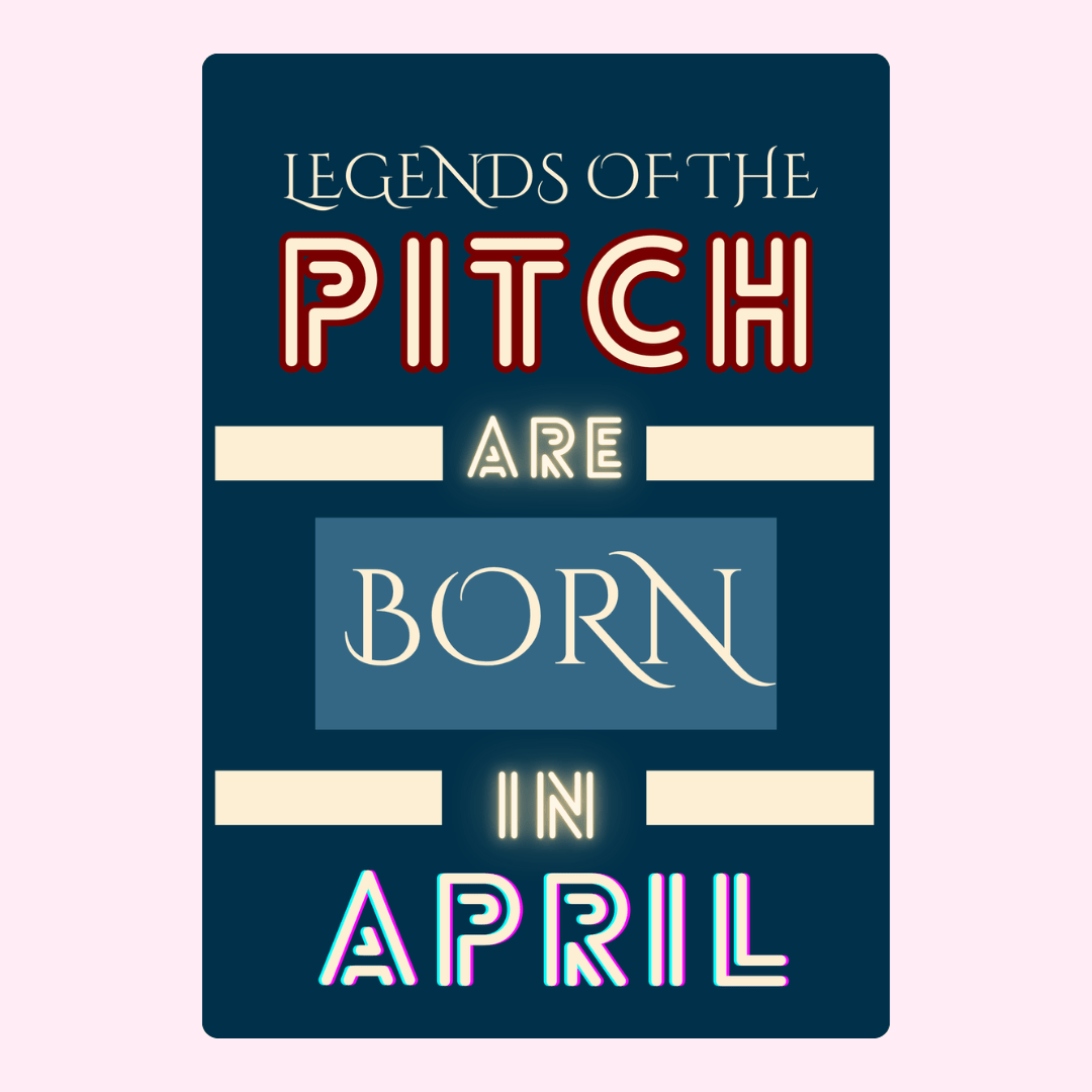 Modern April birthday card featuring retro neon typography with legends of the pitch message on a navy background