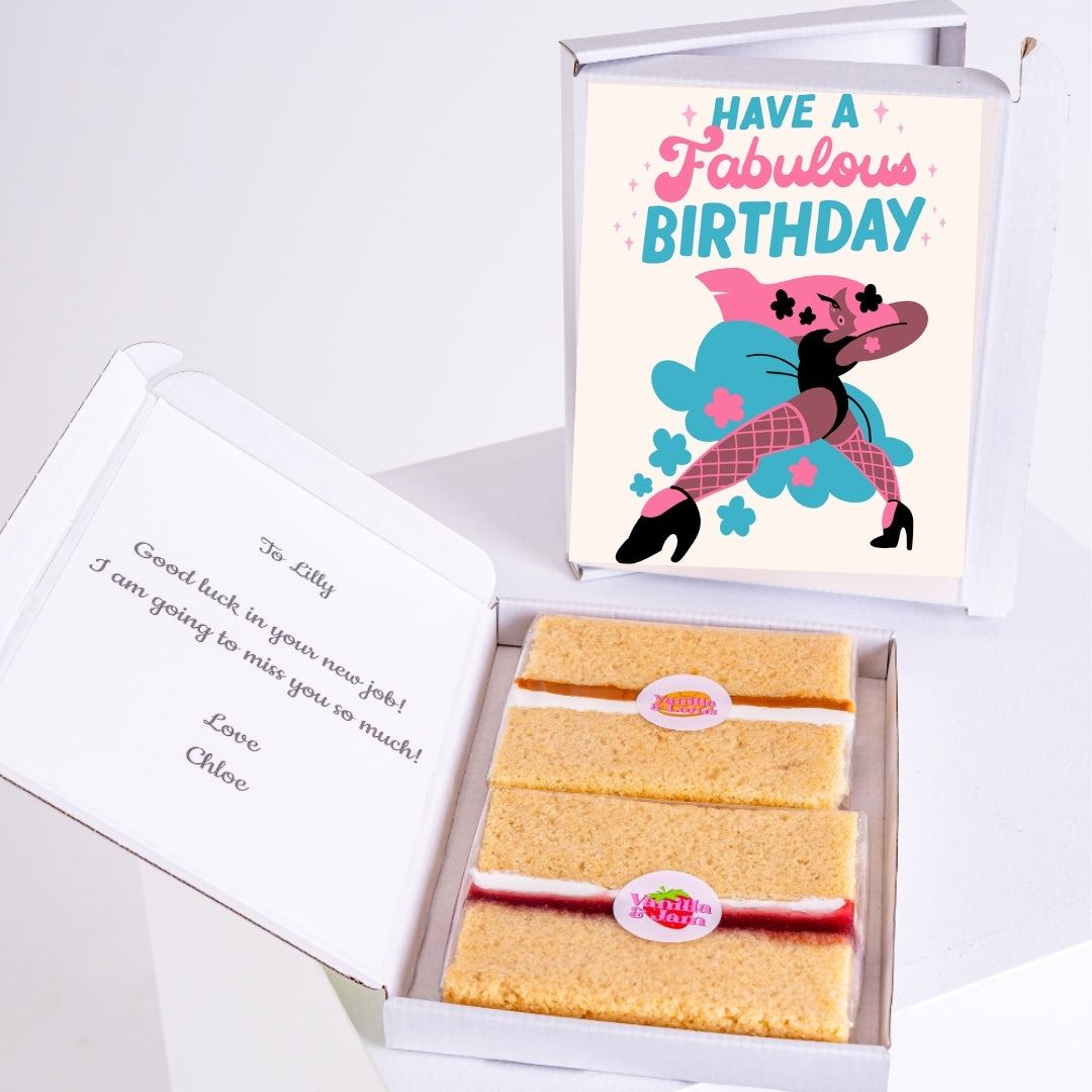 letterbox cake card with sponge slice and message