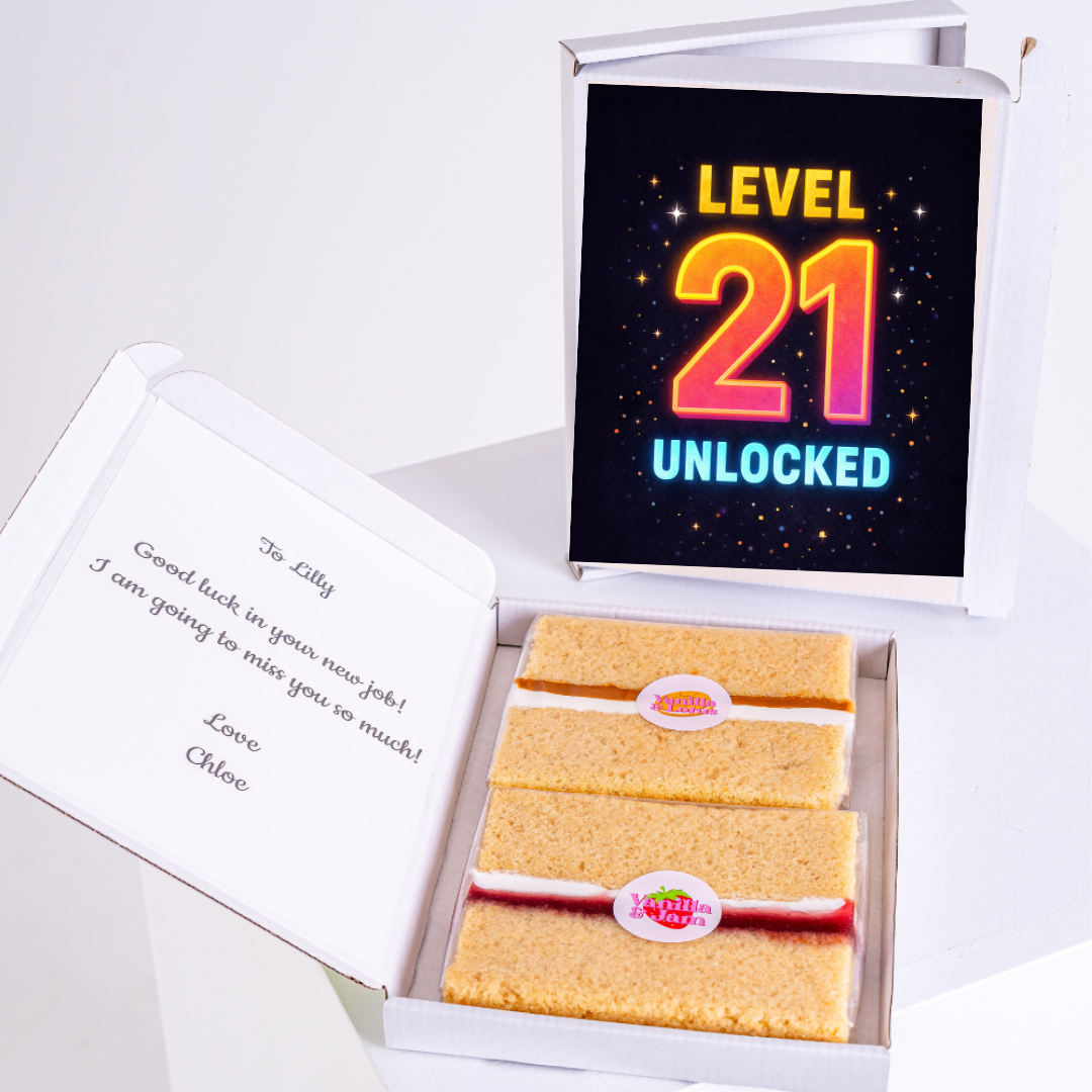 level 21 cake card with sponge cake inside