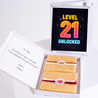 level 21 cake card with sponge cake inside