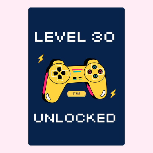 level 30 unlocked gaming birthday card with controller illustration on dark blue background
