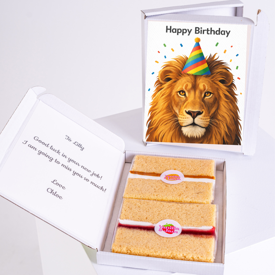 Lion birthday card with cake slices gift box