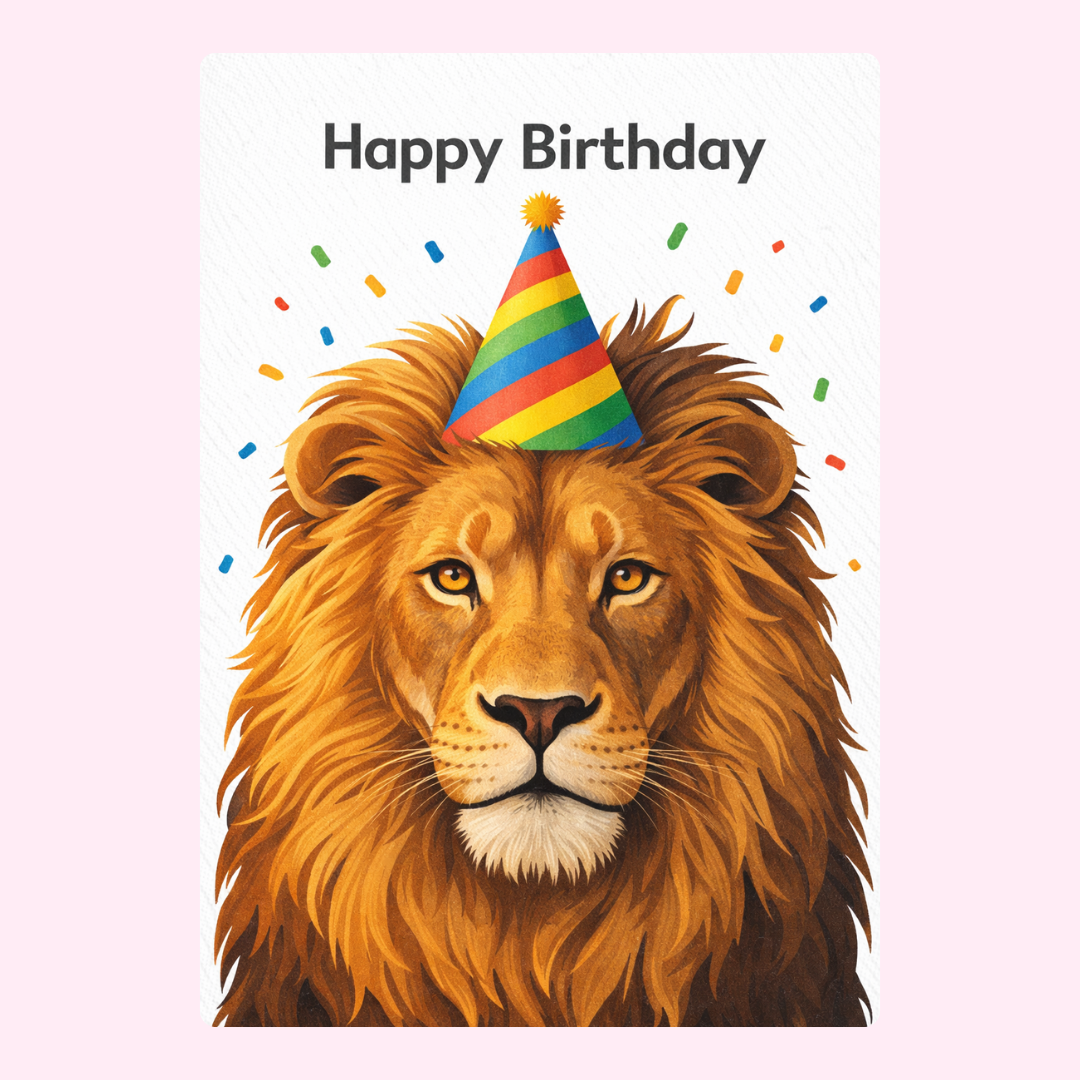 Lion wearing party hat birthday card