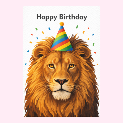 Lion wearing party hat birthday card