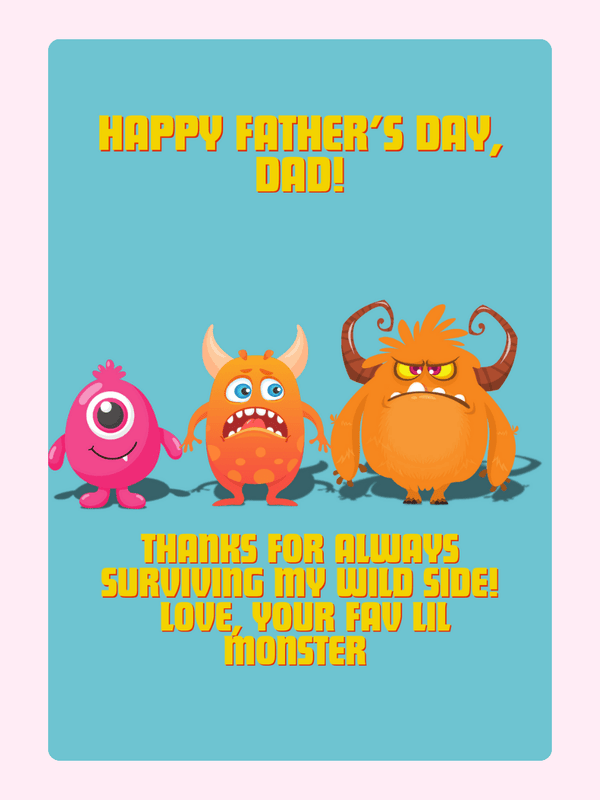 Funny Father’s Day card featuring colourful cartoon monsters and a playful message from a little monster child