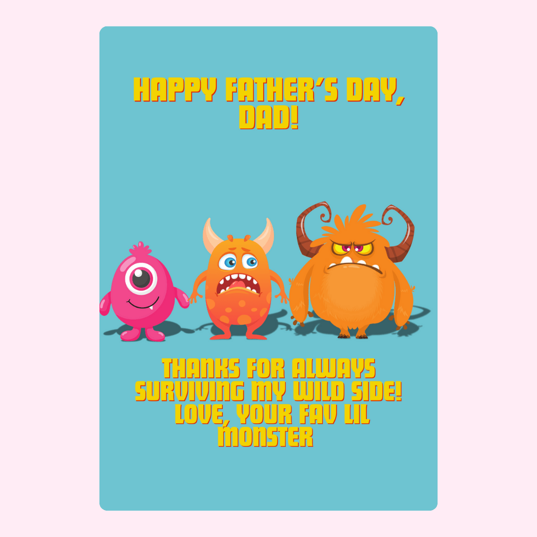 Funny Father’s Day card featuring colourful cartoon monsters and a playful message from a little monster child