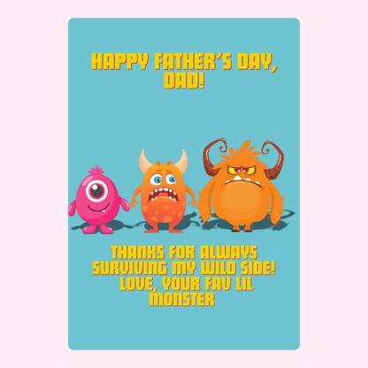 Funny Father’s Day card featuring colourful cartoon monsters and a playful message from a little monster child