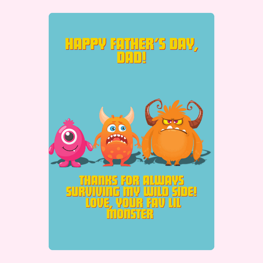 Funny Father’s Day card featuring colourful cartoon monsters and a playful message from a little monster child