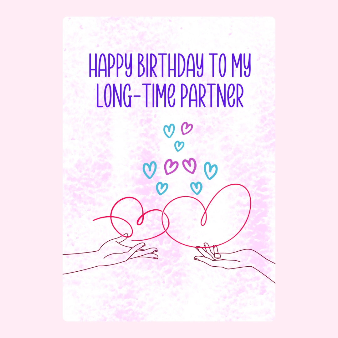 Romantic birthday cake card for long-time partner with pastel heart illustration