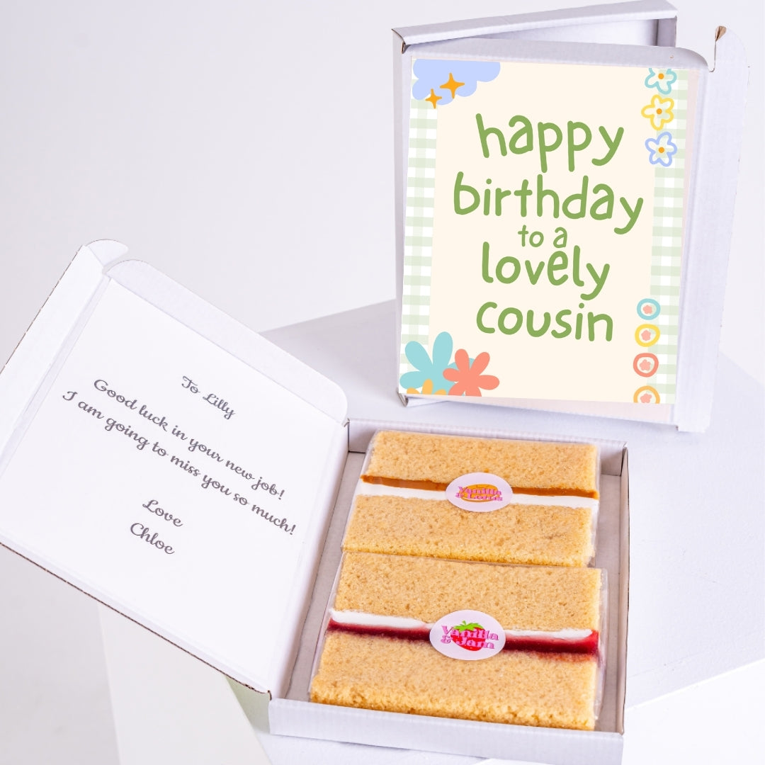 Happy Birthday to a Lovely Cousin edible cake card gift box with floral design