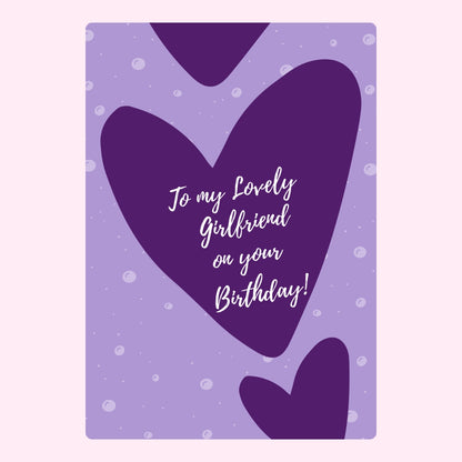 Purple heart birthday card for lovely girlfriend with handwritten birthday message