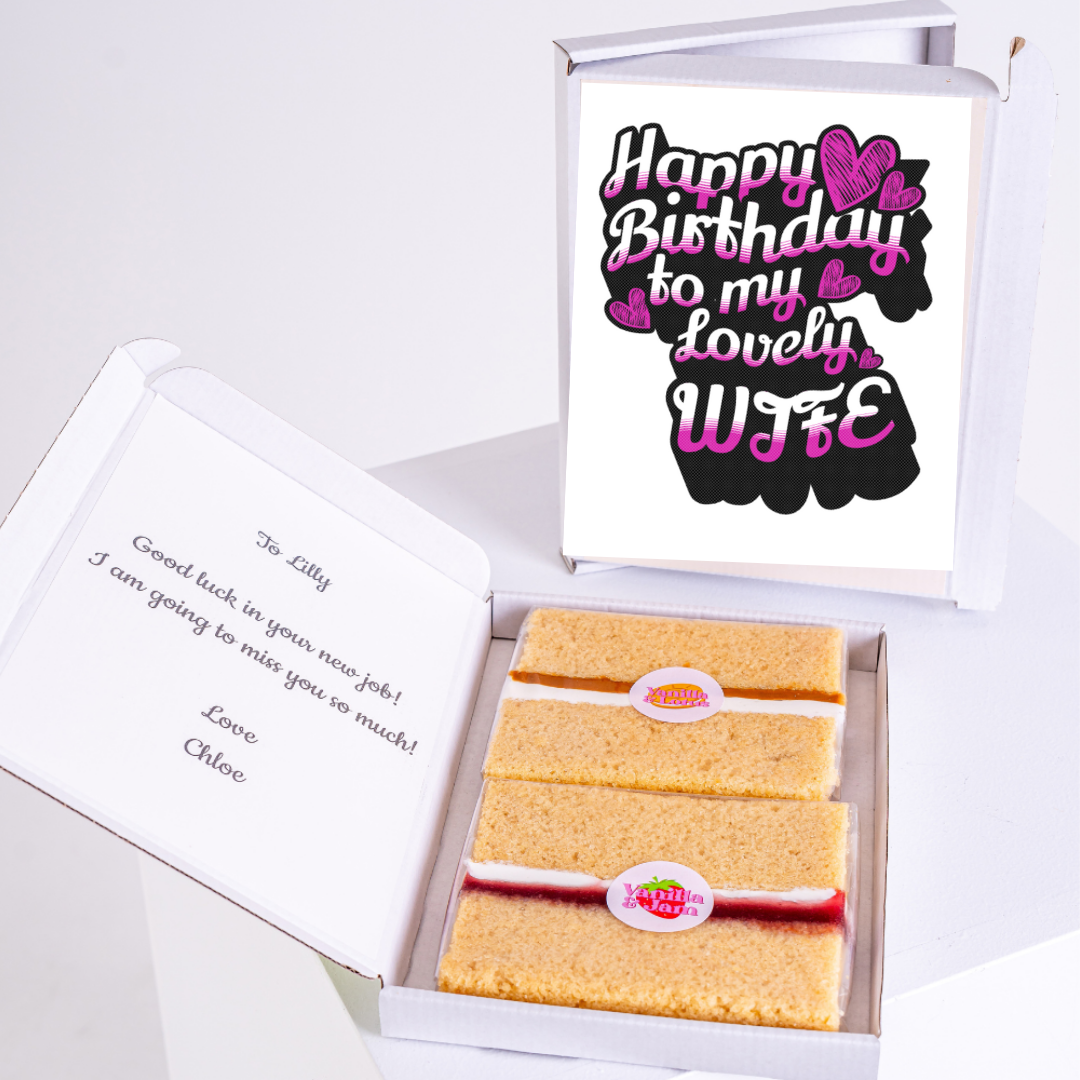 Happy birthday cake gift box for lovely wife with pink heart greeting card