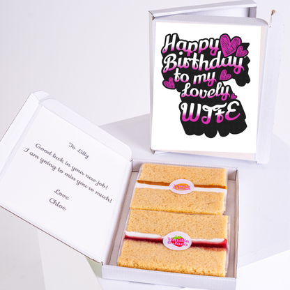 Happy birthday cake gift box for lovely wife with pink heart greeting card