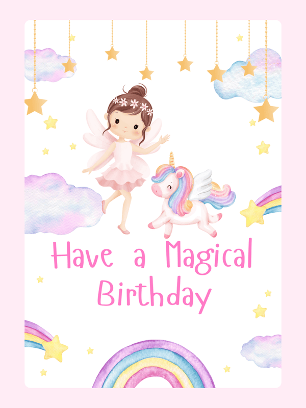 magical birthday card design with fairy and unicorn, pastel clouds, stars and rainbow illustration for kids birthday card