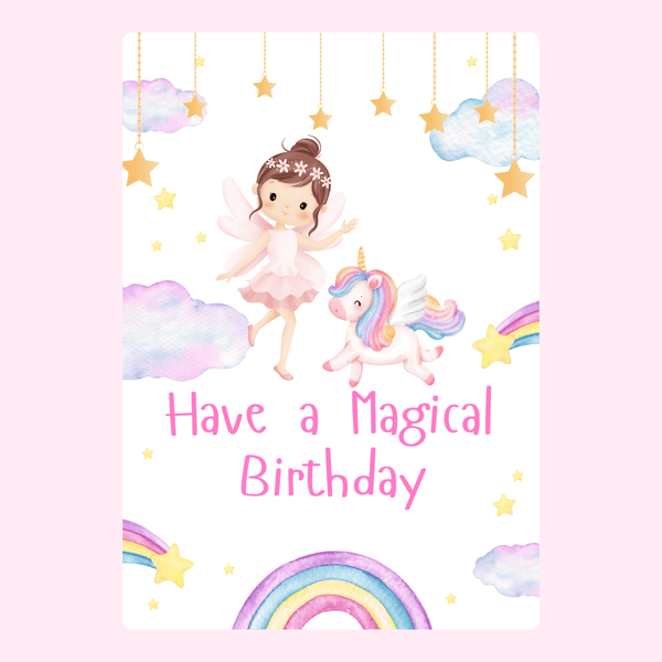 magical birthday card design with fairy and unicorn, pastel clouds, stars and rainbow illustration for kids birthday card
