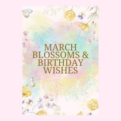 Pastel March Blossoms and Birthday Wishes edible greeting card with floral butterflies and watercolour design
