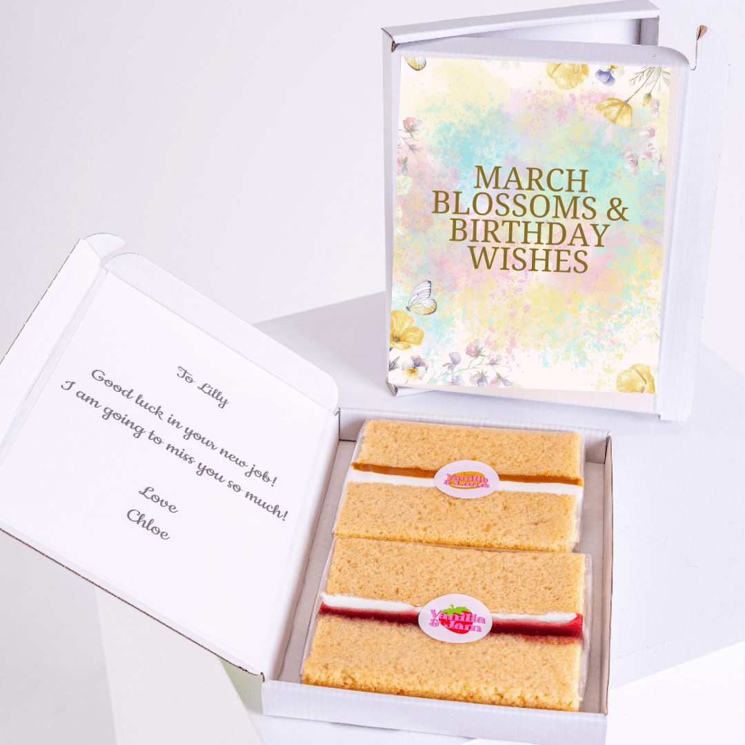 March Blossoms and Birthday Wishes edible cake gift box with personalised message and vanilla sponge cake slices