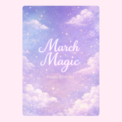 Dreamy purple March Magic happy birthday edible greeting card with clouds and sparkling stars design