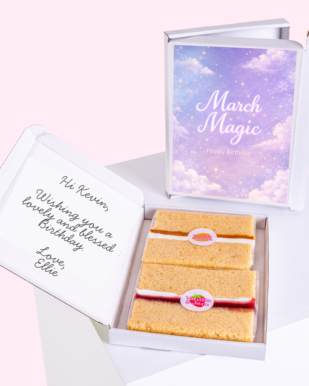 March Magic edible birthday cake card gift with vanilla sponge slices and personalised birthday message inside
