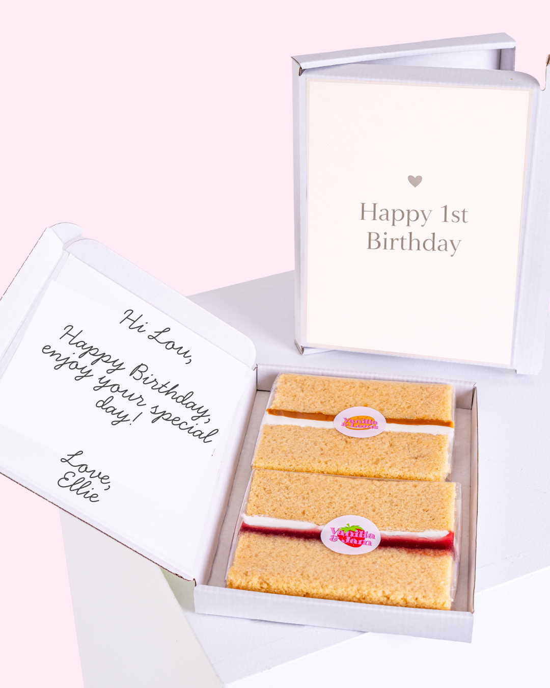 Personalised 1st birthday cake letterbox gift with minimal card