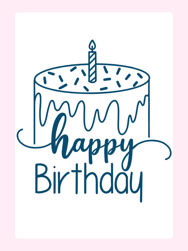 Minimal birthday cake illustration with candle and happy birthday text